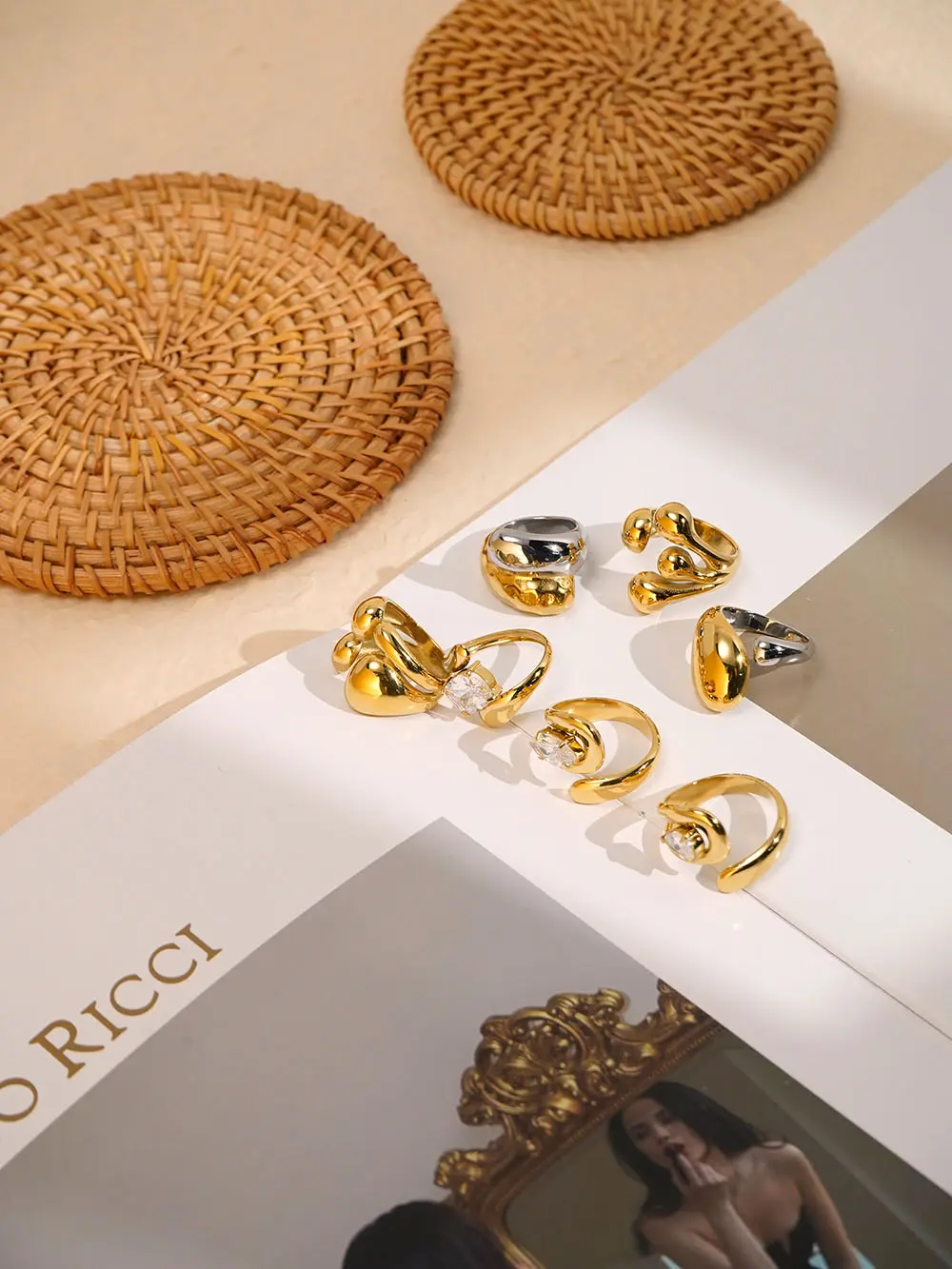ENFASHION 18K Gold Plated Stainless Steel Jewelry Water Drop Zircon Unique Personalized Finger Rings Waterproof for Woman Ring R254475